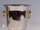 a silver ice bucket with handles and handles on a white surface