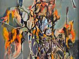 peinture abstraite représentant un vase de fleurs sur fond gris