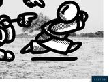 a black and white drawing of a man and a woman running