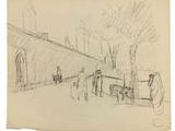 dessin au crayon représentant une scène de rue avec des passants et une calèche