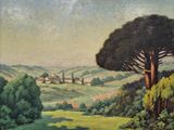 an oil painting of a landscape with trees and a farm