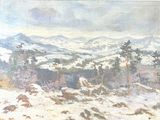 peinture représentant un paysage enneigé avec une chaîne de montagnes en arrière-plan