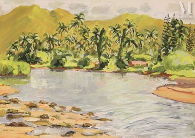 une peinture représentant une rivière avec des palmiers en arrière-plan