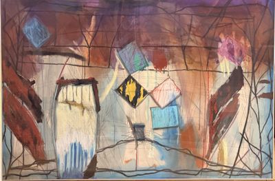 a painting of a group of people standing in front of a fence