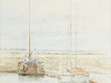 painting of two boats in a body of water with a sky background