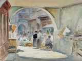 a watercolor painting of a street scene with people