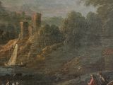 a painting of a group of people riding horses by a river