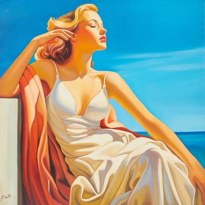 une image représentant un tableau où l'on voit une femme en robe blanche assise sur une chaise rouge
