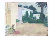 un tableau représentant une femme assise sur un banc