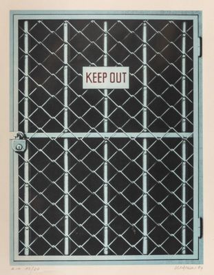 an image of a black and white photo of a gate with a keep out sign on it