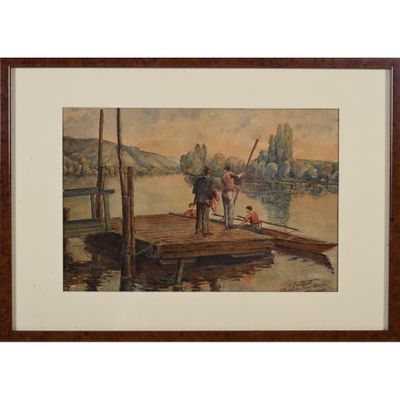 tableau représentant un homme sur un quai, accompagné d'un cheval et d'un chien