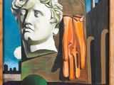painting of a bust of a man with a green ball in front of a building
