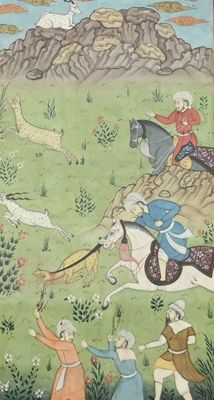 une peinture représentant un homme à cheval dans un champ