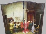 three panels of a painting of a woman dancing in a living room