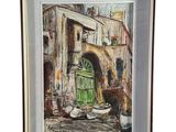 une peinture représentant une porte verte dans un vieil immeuble