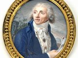 un vieux tableau représentant un homme en manteau bleu tenant une pipe