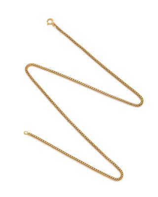 a gold necklace with a chain on a white background