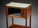 an image of a small table with a marble top and wooden legs