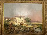 an oil painting of a house on a hill with a horse in the foreground