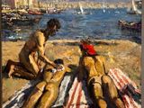 tableau représentant deux hommes assis sur une serviette sur une plage au bord d'un plan d'eau