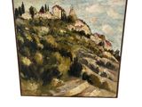 une peinture à l'huile représentant une colline surmontée d'une église