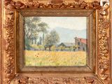 une peinture à l'huile d'un champ avec une maison au loin