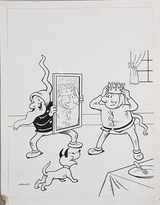 dessin humoristique représentant un homme et un chien dans un salon