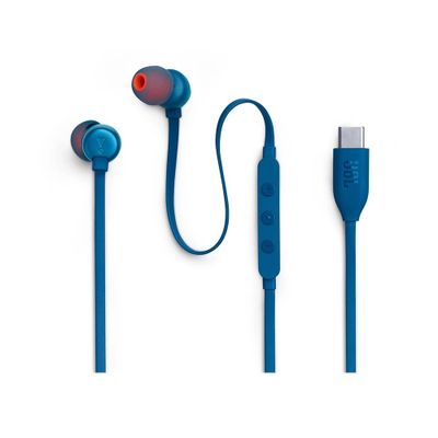 a pair of blue earphones next to a usb cable