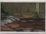 un tableau représentant un ruisseau traversant une forêt