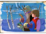 painting of a man and a woman in the woods with a bird