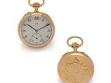 two gold pocket watches, one with a gold dial and the other with a gold case