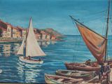 un tableau représentant des bateaux sur l'eau avec des personnes à bord