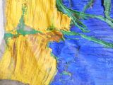 une peinture représentant un tournesol sur un fond bleu et jaune