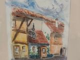 an image of a watercolor painting of a building with a clock on it