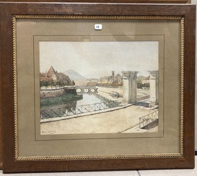 tableau représentant une vue d'un pont et d'une rivière, avec un pont en arrière-plan