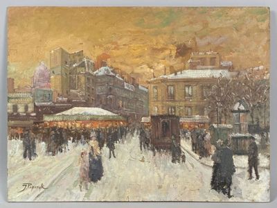 tableau représentant une rue de la ville avec des passants marchant dans la neige