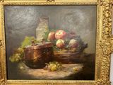 a painting of a still life with fruit and a jar