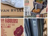 several pictures of various types of shoes and food in boxes