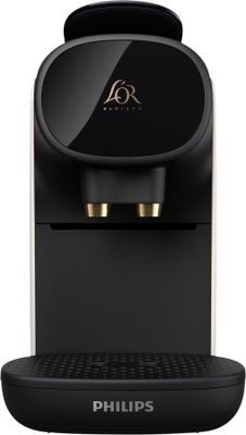 a black coffee machine with a gold logo on it