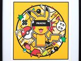 Reproduction artistique de Pikachu dans un cadre noir sur fond jaune