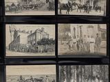 several black and white photographs of people and horses in front of a building