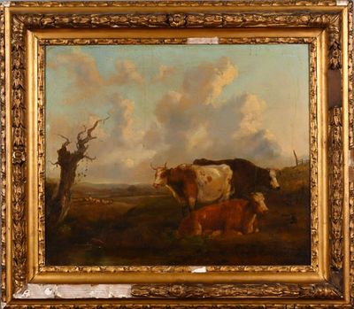 tableau représentant une vache et son veau dans un paysage, avec un arbre mort au premier plan