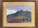 une peinture à l'huile représentant un château sur une colline, avec un toit rouge