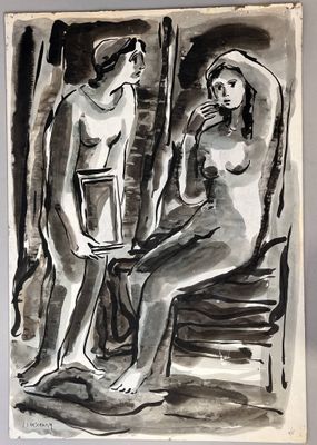 J. J. DESCHAMP, Jeune filles Encre et lavis sur papier marou…