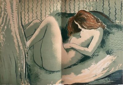 a drawing of a woman laying down on a bed