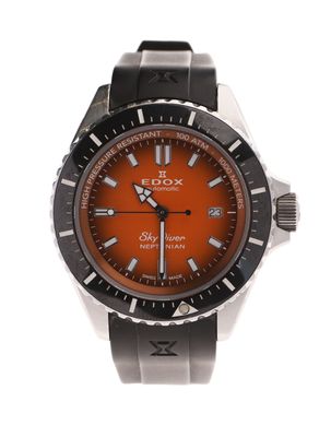 an orange and black watch on a white background with a white background
