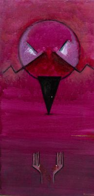 tableau représentant un oiseau rose avec deux mains devant lui