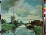 an oil painting of a windmill and a river in a field