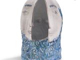 a ceramic sculpture of a man ' s face in a blue and white vase
