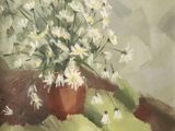une peinture de fleurs blanches dans un vase sur une table